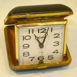 Vintage Linden Travel Alarm Clock in Black & Gold Leather Clam Shell Case
